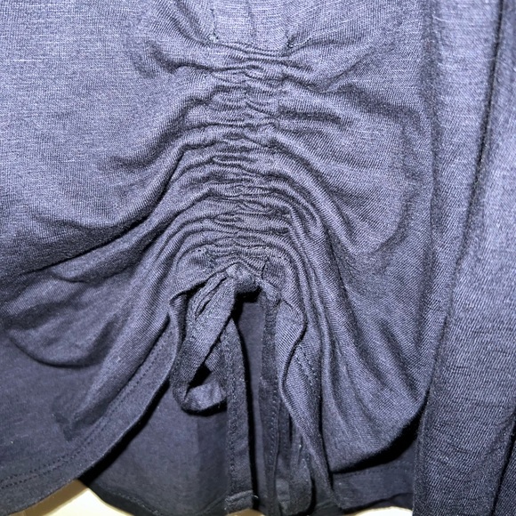 Navy blue long sleeve top but asymmetrical hem and pull ties. - Picture 3 of 4